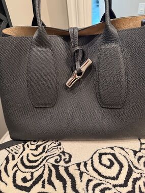 Longchamp Black Leather Tote with Silver Hardware